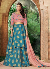 blue floral design lehenga